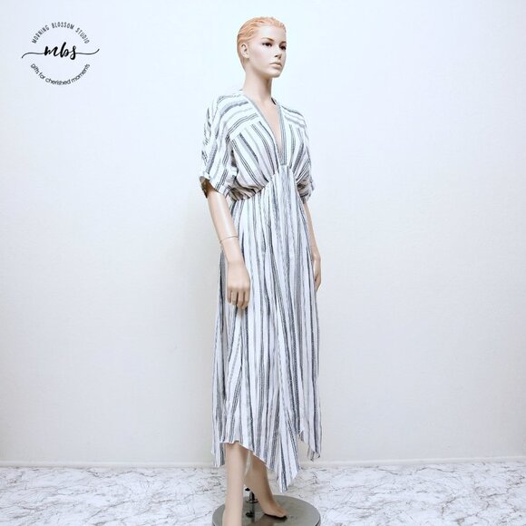 En Creme Boho Striped Low Neck Maxi Dress Blue White Women S - Picture 2 of 15